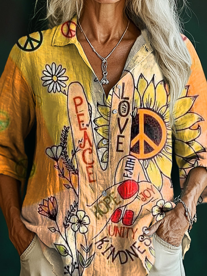 Women's Hippie Peace Love Art Print Casual Cotton Shirt