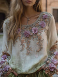 Comstylish Women's Purple Romantic Vintage Round-neck Long-sleeved Shirt