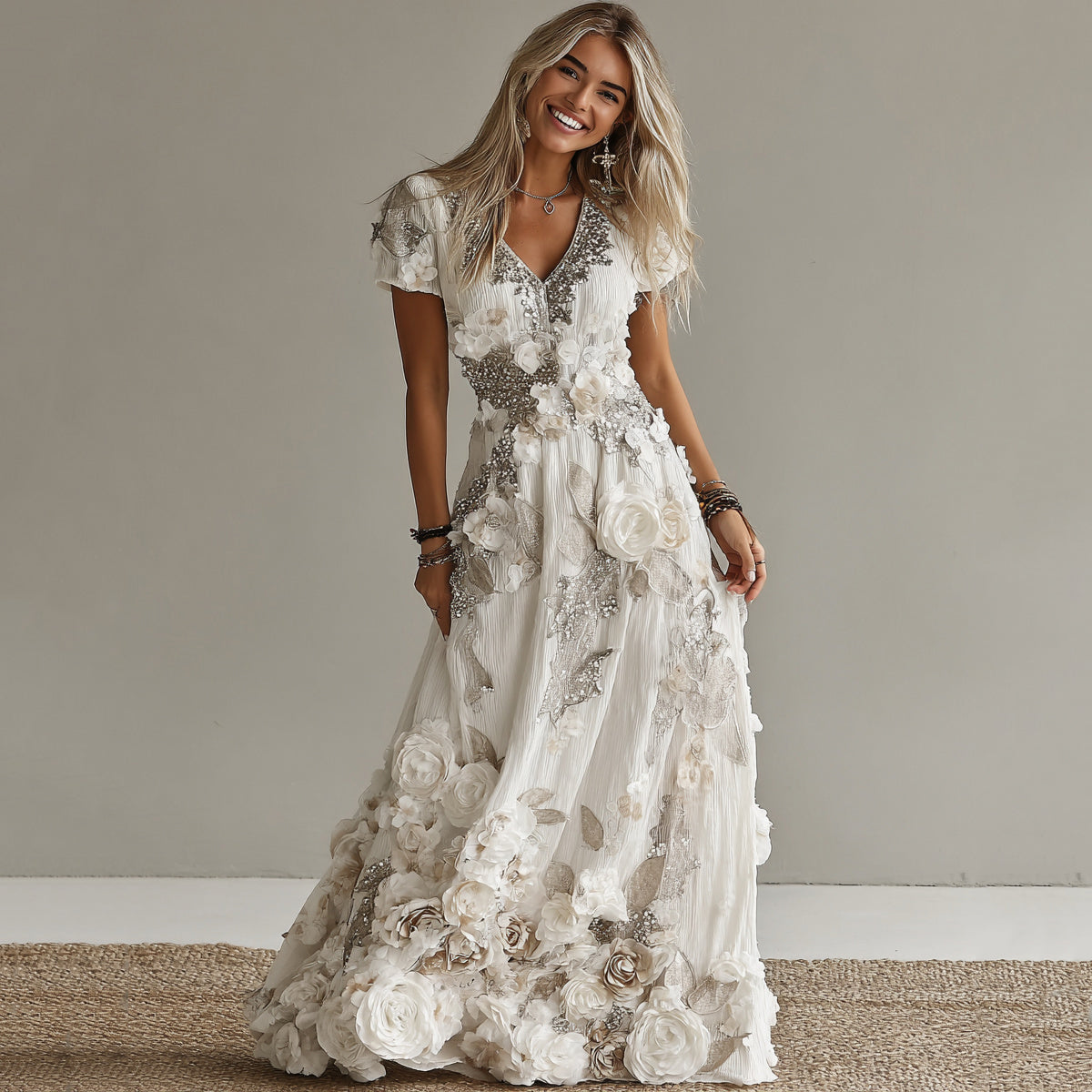 Women's Vintage White Rose Embroidered Art Pattern V-neck Short Sleeve Midi Dress elevenforest