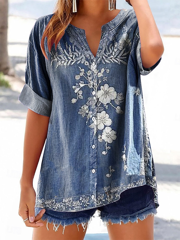 Women's Floral Pattern Art Print Cotton Linen Casual Shirt