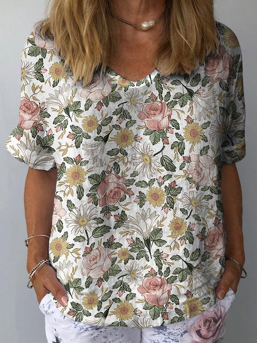 Retro Style Romantic French Garden Pattern Printed Women's Casual Cotton And Linen Shirt