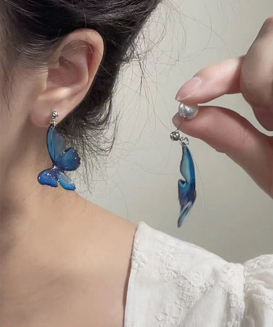 Blue Copper Alloy Pearl Butterfly Drop Earrings