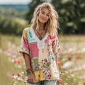 Women's Vintage Floral Art Patch Comfy V Neck T Shirt artswardrobe