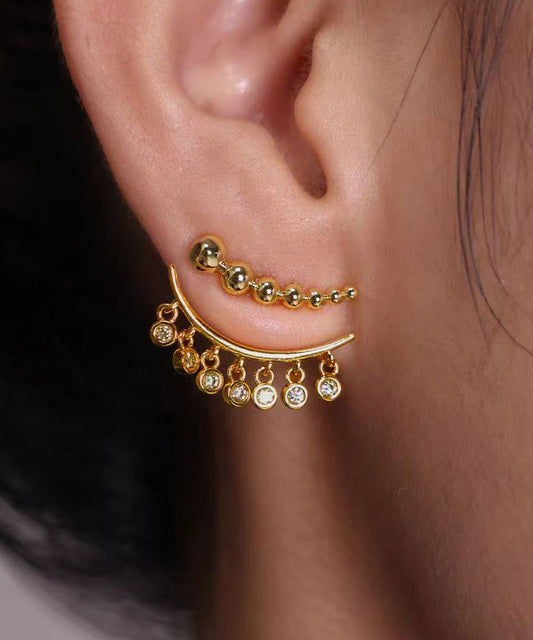 Gold Copper Overgild Zircon Patchwor Tassel Two Ways of Wearing It Stud Earrings