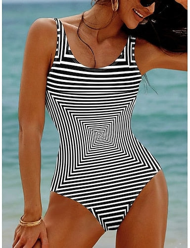One Piece Swimsuit Slimming Colorblock Monokini High Cut Tummy Control High Waist Slim Knit Backless Vacation Graphic Geometric U Neck Sleeveless Bathing Suits
