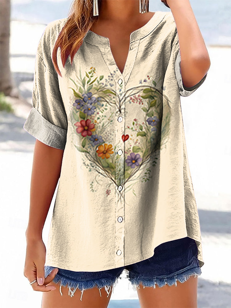 Women's Floral Heart Pattern Art Print Casual Cotton Linen Short Sleev
