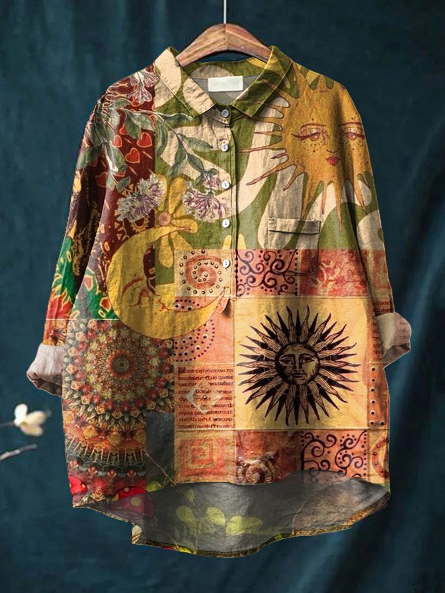 Women's Vintage Ethnic Sun Moon Art Print Casual Cotton And Linen Shirt