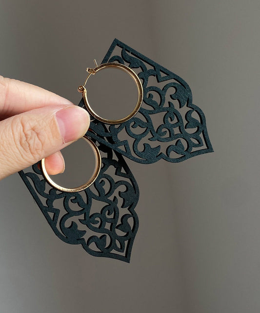 Black Wooden Hollow Out Hoop Earrings
