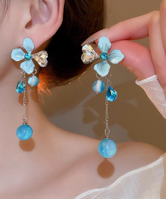 Blue Srerling Silver Alloy Zircon Resin Tassel Drop Earrings
