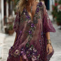 Women's Pansy Embroidered Sequined Short Sleeve Midi Dress artswardrobe