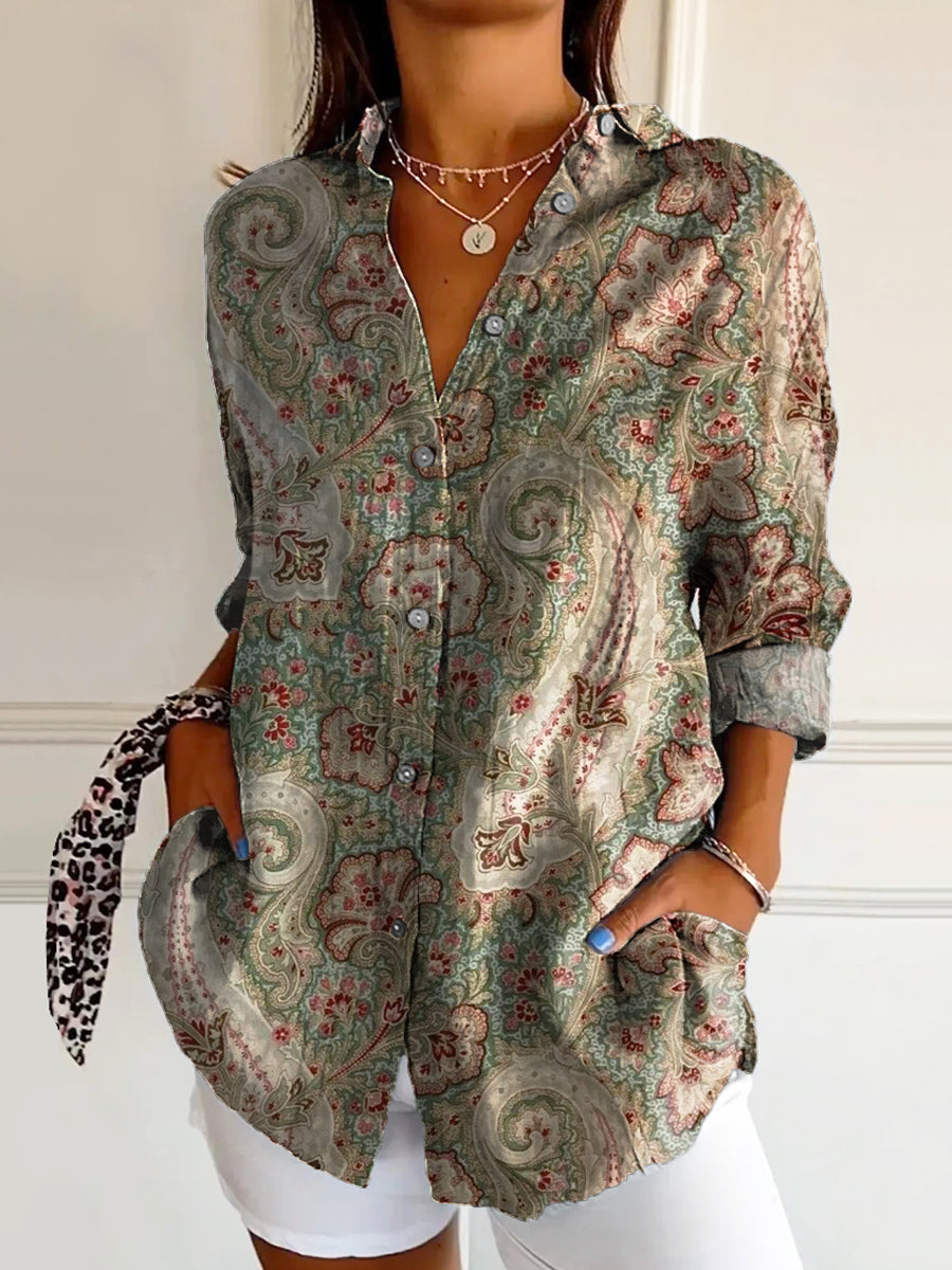 Women's Retro Paisley Floral Art Print Casual Cotton Shirt