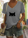 Women's Casual Black Cat Print T-shirt elevenforest