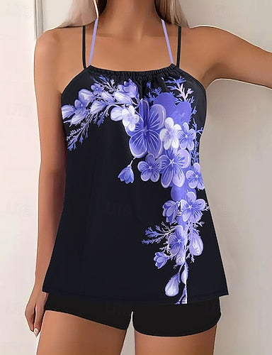Swimwear Bikini 2 Piece Shorts Swimsuit Backless Vacation Beach Wear Round Neck Sleeveless Bathing Suits