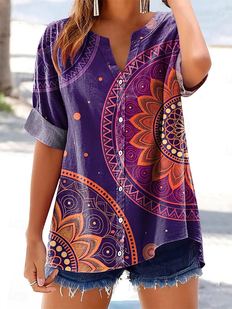 Women's Mandala Pattern Art Print Cotton Linen Casual Shirt