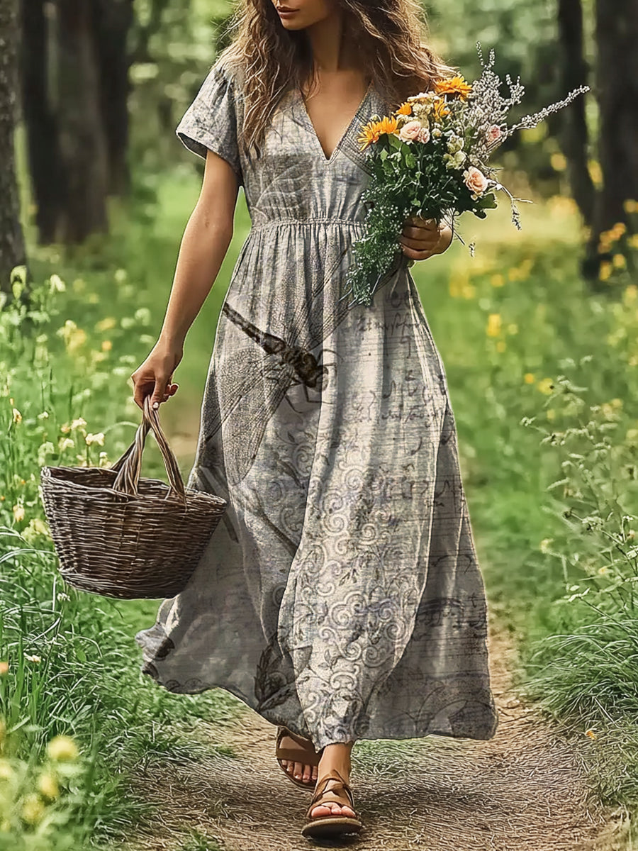 Women's Art Painting Dragonfly Vintage Print V-Neck Short Sleeve Dress
