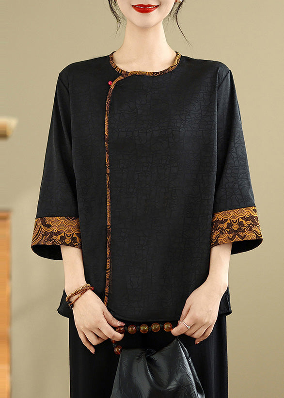 Black Oversized Patchwork Silk Blouses Bracelet Sleeve