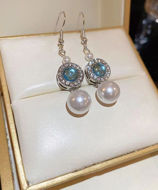 Blue Copper Overgild Inlaid Zircon Crystal Pearl Tassel Drop Earrings