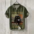 Vintage Cute Black Cat Coffee Letter Print Linen Blend Shirt elevenforest