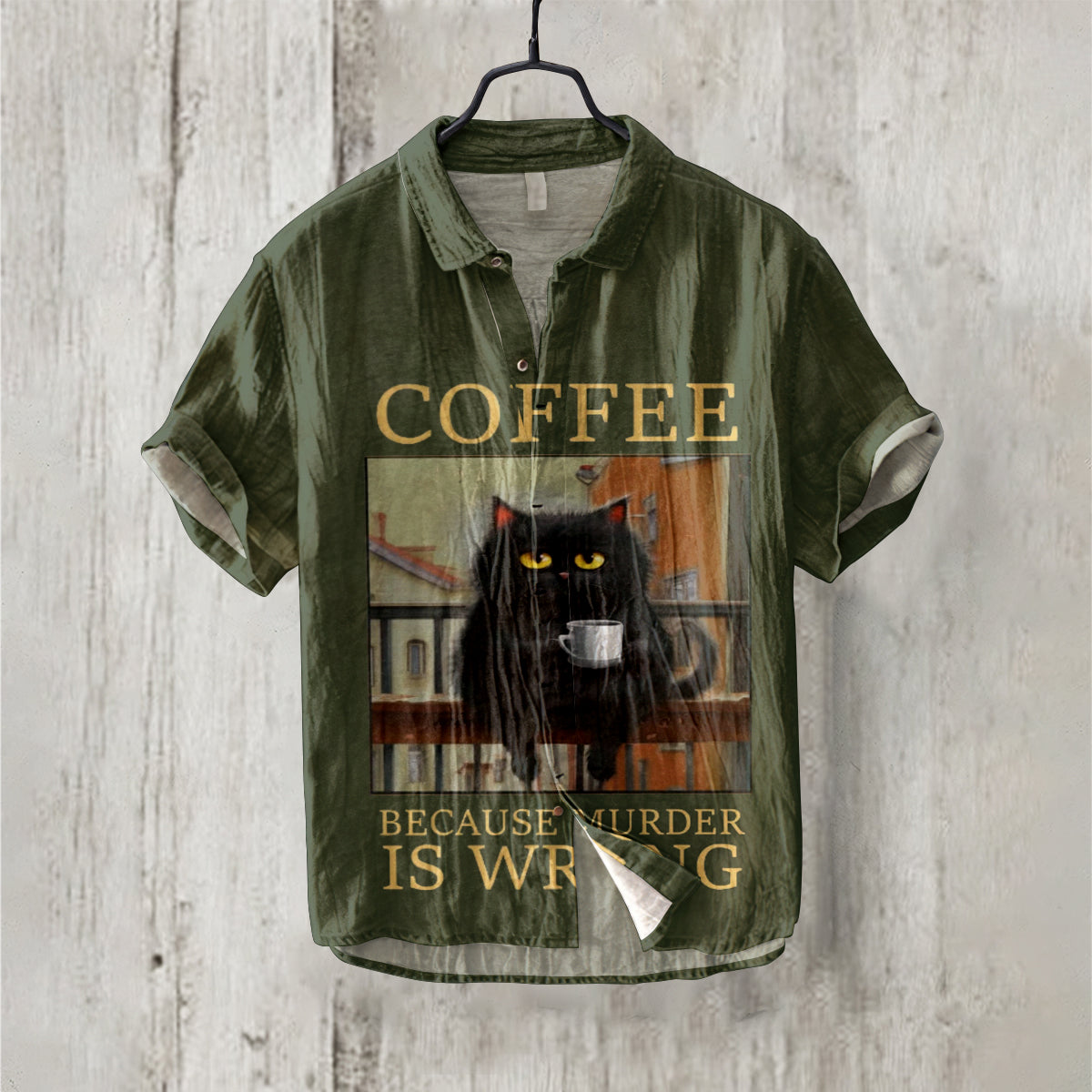 Vintage Cute Black Cat Coffee Letter Print Linen Blend Shirt elevenforest