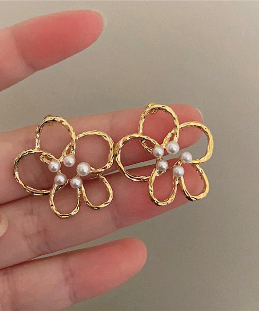 Gold Copper Overgild Pearl Hollow Out Stud Earrings