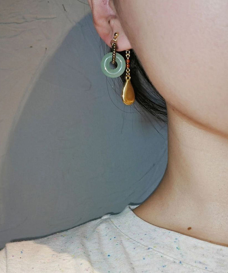 Gold Stainless Steel Overgild Jade Water Drop Drop Earrings