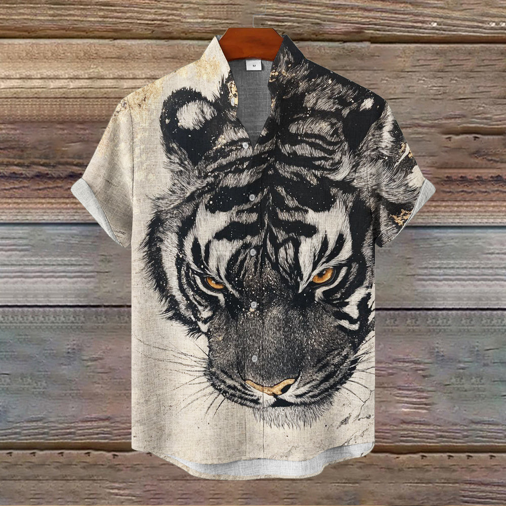 Japanese Tiger Art Pattern Men's Linen Short Sleeve Shirt elevenforest
