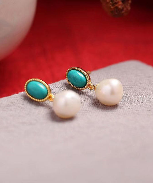 Blue Sterling Silver Overgild Turquoise Pearl Drop Earrings