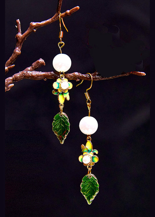 Green Paintings Leaf Metal Pearl Drop Earrings