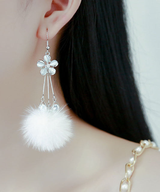 White Zircon Crystal Pearl Mink Hair Drop Earrings