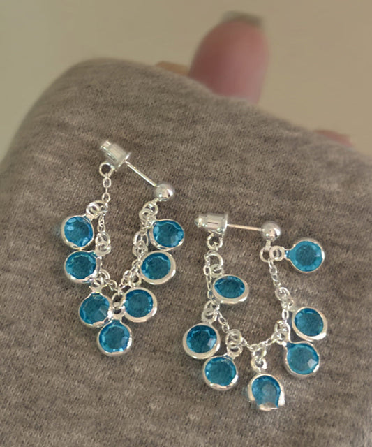 Blue Copper Crystal Bunch of Grapes Tassel Drop Earrings