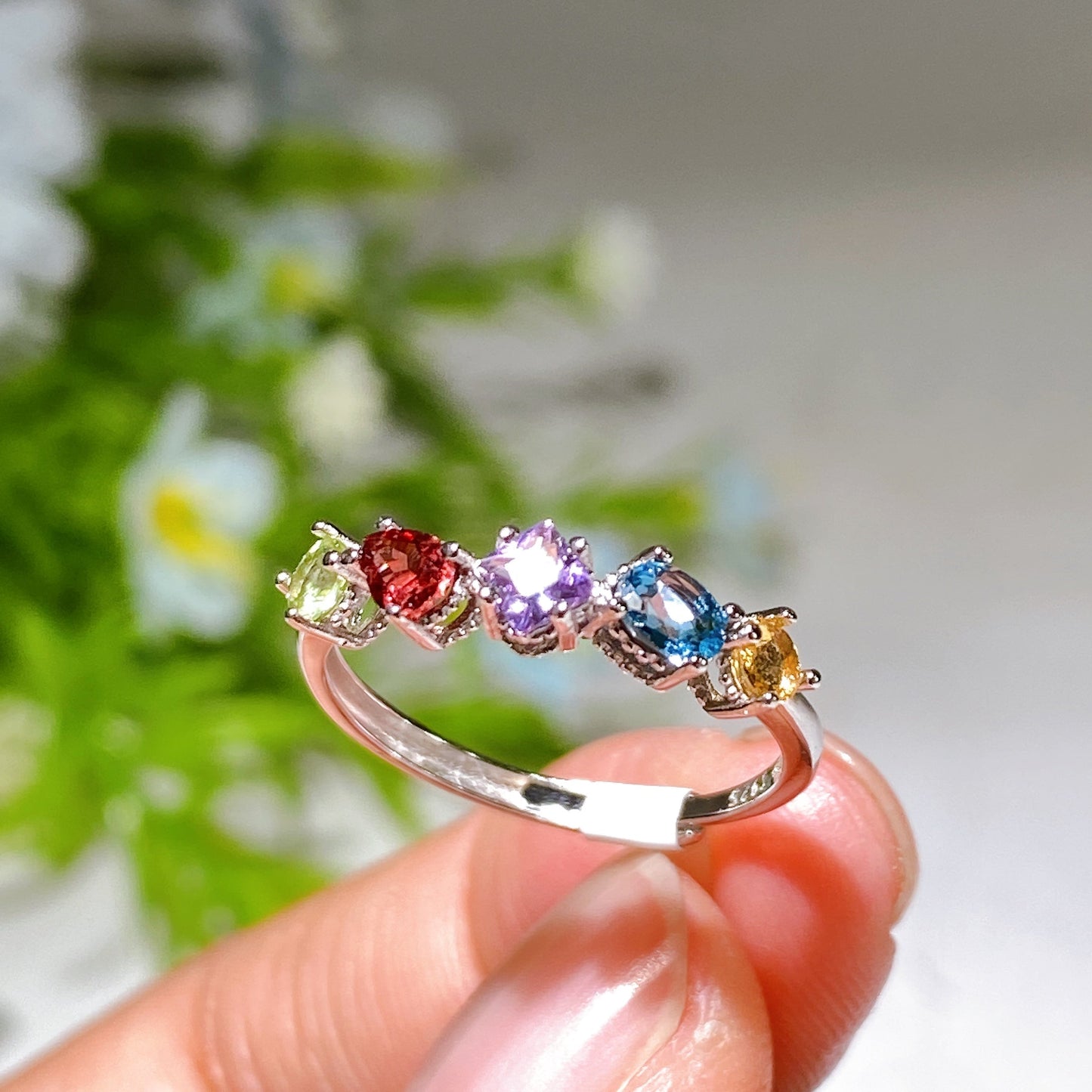 Adjustable S925 Crystal Healing Ring With Multi Gemstones