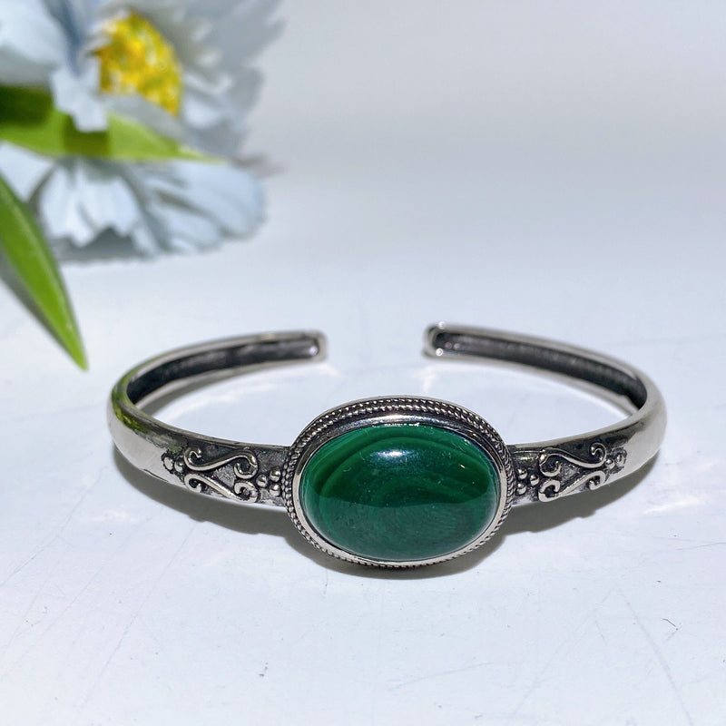 Adjustable Silver Crystal Bangle With Healing Gemstones
