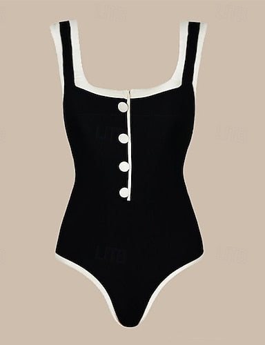 One Piece Swimsuit Open Back Swimwear Patchwork Swimwear Black White Breathable Quick Dry Sleeveless - Swimming Surfing Snorkeling Summer