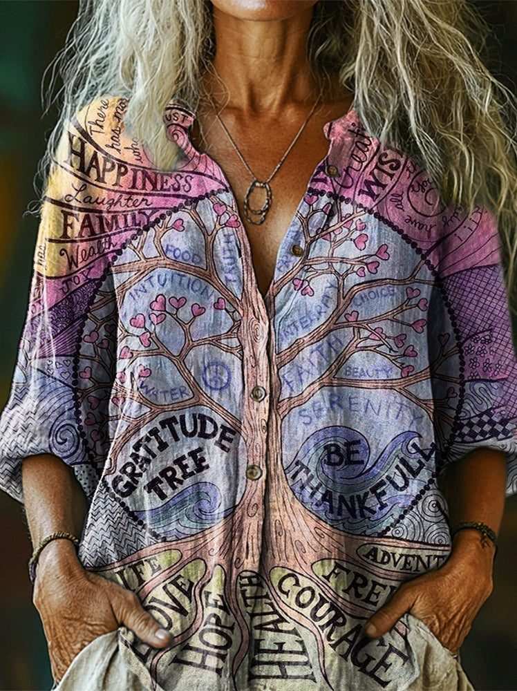 Women's Hippie Peace Art Print Casual Cotton Linen Shirt