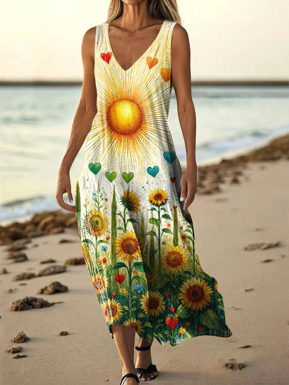 Women's Bohemian Floral Art Print Pocket Cotton Dress