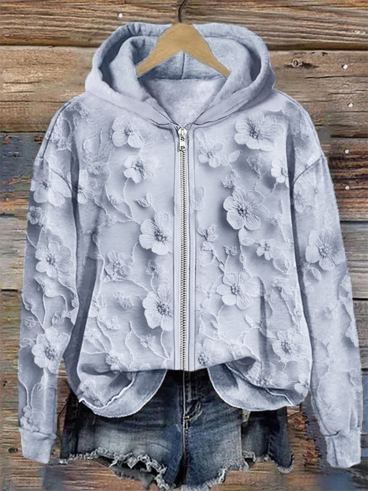 Comstylish 3d Floral Embroidered Lace Cozy Full Zip Hoodie