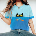 Women's Funny Cat And Fish Print Crew Neck Short Sleeve T-shirt elevenforest