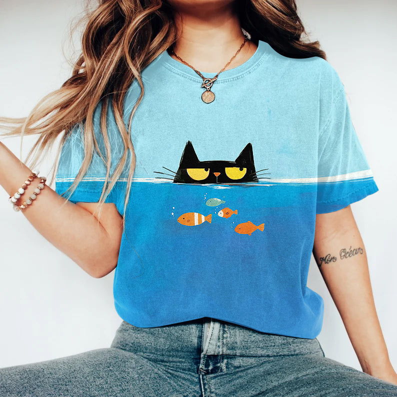 Women's Funny Cat And Fish Print Crew Neck Short Sleeve T-shirt elevenforest
