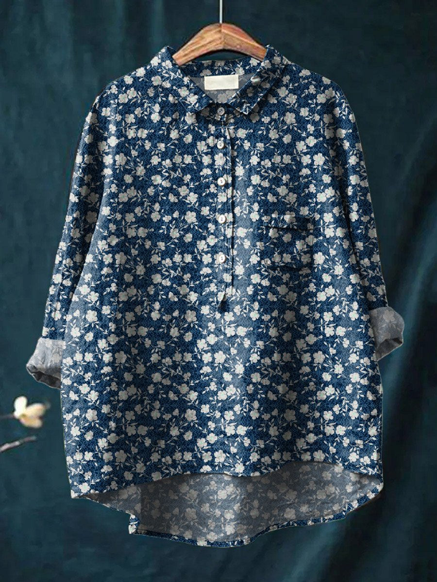 Vintage Lovely Floral Art Print Casual Cotton And Linen Shirt