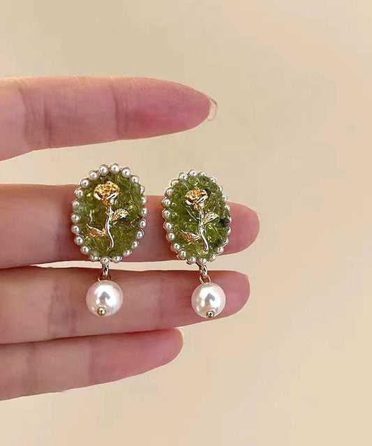 Green Sterling Silver Alloy Pearl Resin Drop Earrings