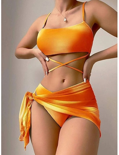Swimwear Three Piece Swimsuit Ruched Backless Vacation Beach Wear Tie Dye U Neck Sleeveless Bathing Suits