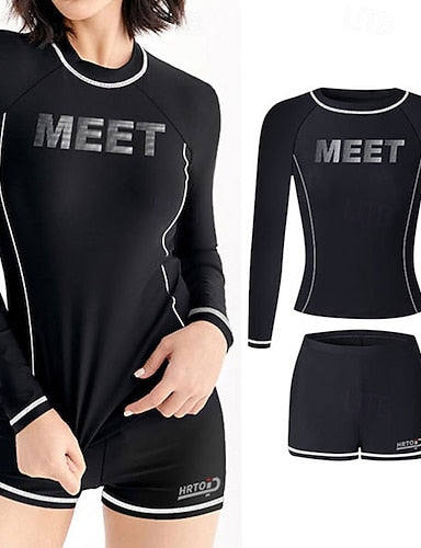 2 Piece Rash Guard Surfing Shirt Swimsuit Shorts Alphabet Uv Sun Protection Quick Dry Long Sleeve Swimwear Beach Water Sports Swimming Spring