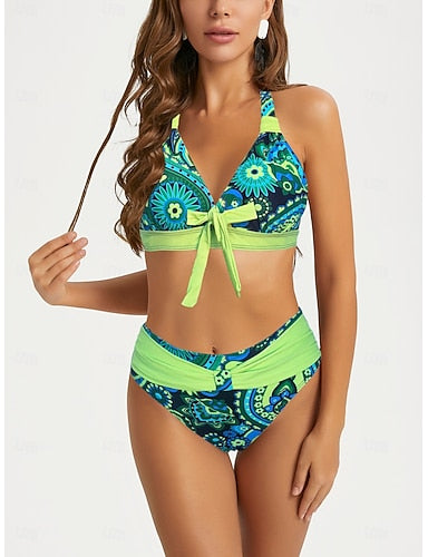 Swimwear 2 Piece Shorts Swimsuit Backless Geometrical Vacation Beach Wear Graphic Plunge Sleeveless Bathing Suits