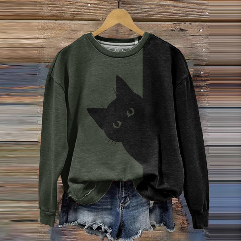 Women's Peek-A-Boo Hiding Black Cat Printed Sweatshirt elevenforest