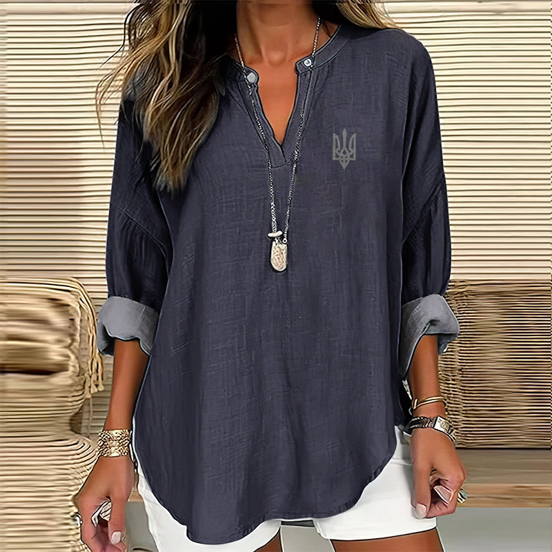Comstylish Women's Ukraine Trident Print V-neck Long Sleeved Linen Blend Blouse