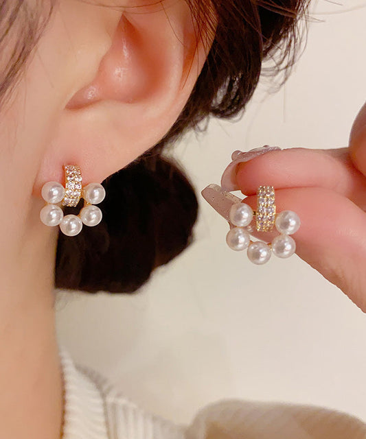 White Copper Overgild Zircon Pearl Stud Earrings