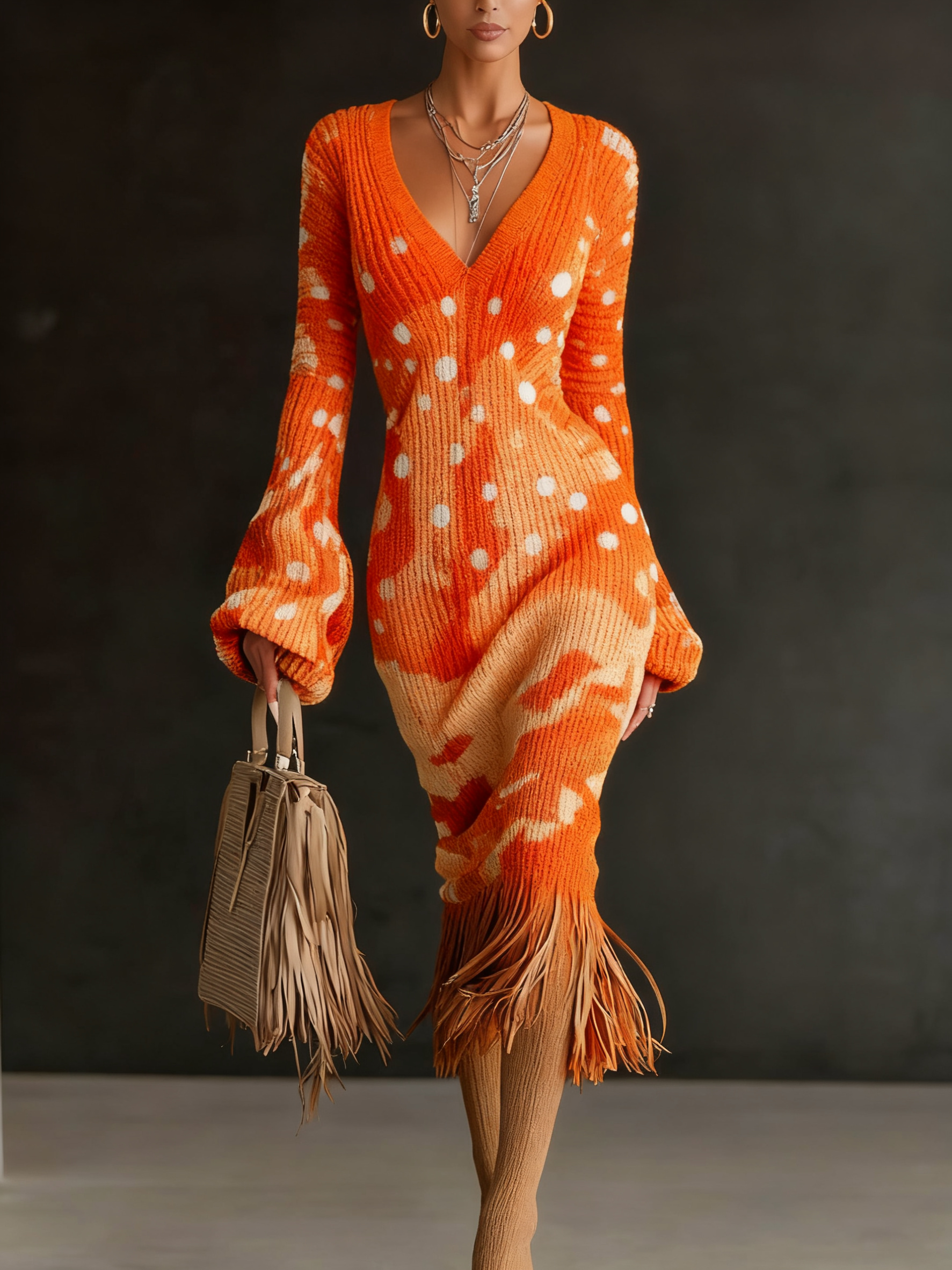 Printed Textured Knitted Tassel Hem Long Sleeve Midi Dress