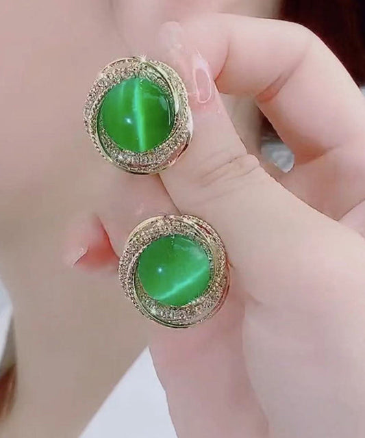 Green Stering Silver Cat's Eye Stone Zircon Stud Earrings