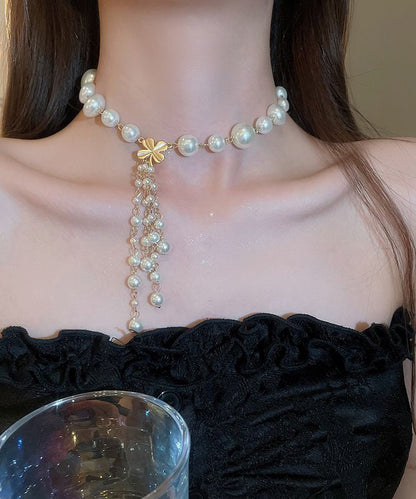 White Alloy Pearl Tassel Pendant Necklace