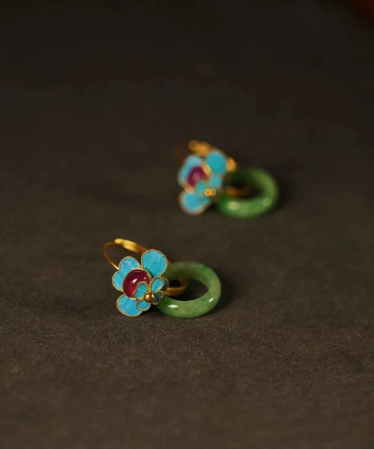 Green Sterling Silver Overgild Jade Enamel Ping Buckle Hoop Earrings